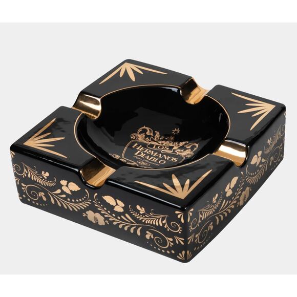 Hermanos Diablo Cigar Ashtray Large Black & Gold Ceramic 4 Cigars Indoor Outdoor - Picture 1 of 4